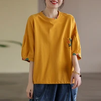 cotton sleeve t shirt womens 2022 summer new flowers embroidered lantern sleeves retro literary loose casual prairie chic top