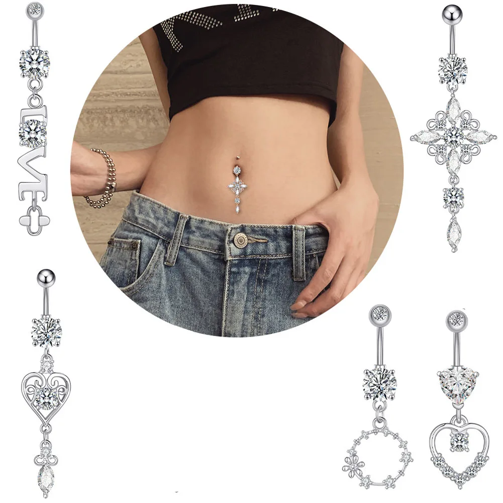 

1pc Surgical Steel Crystal Zircon Flower Heart Leaf bow-knot Dangle Button Navel Piercing Ring Belly Ring Body Jewelry