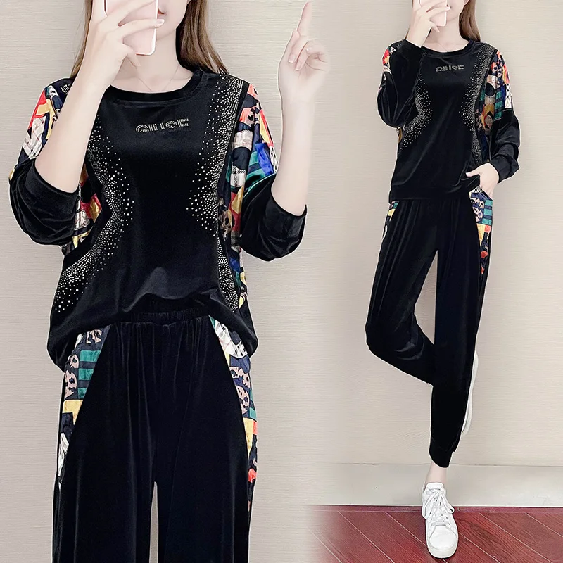 

Autumn New Fashion Velvet Two Piece Set Women Long Sleeved Round Neck Printed Sweater Trousers
