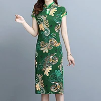 dropshipping midi dress womens cheongsam chinese style vintage stand collar high split summer qipao for stage show