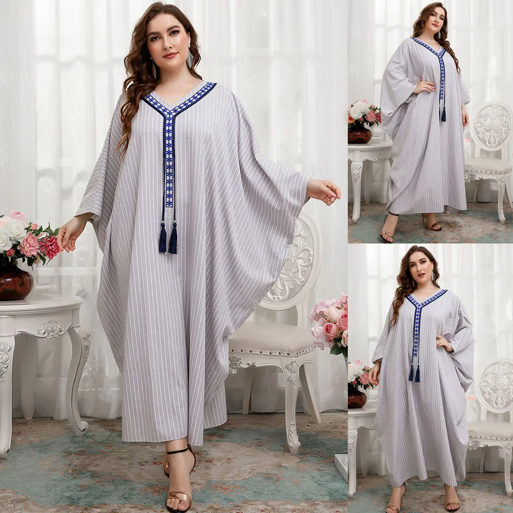 

Tassel Kaftan Abaya Women Stripes Batwing Sleeve Muslim Kimono Cardigan Long Dress Loose Moroccan Caftan Dubai Abayas Ramadan