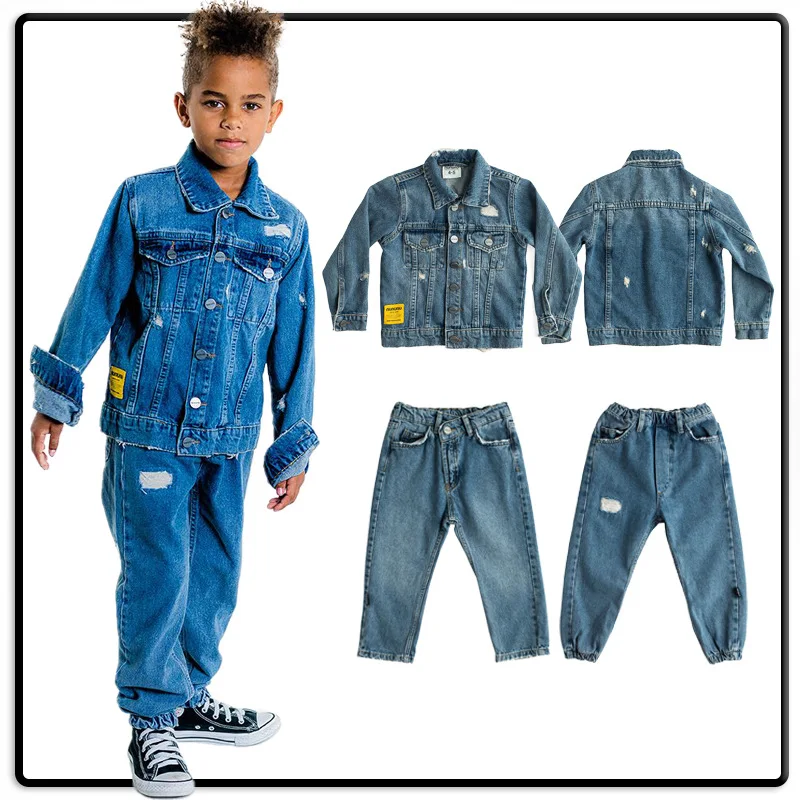 

NU Spring New Children Light Blue Cotton Straight Denim Pants Jacket