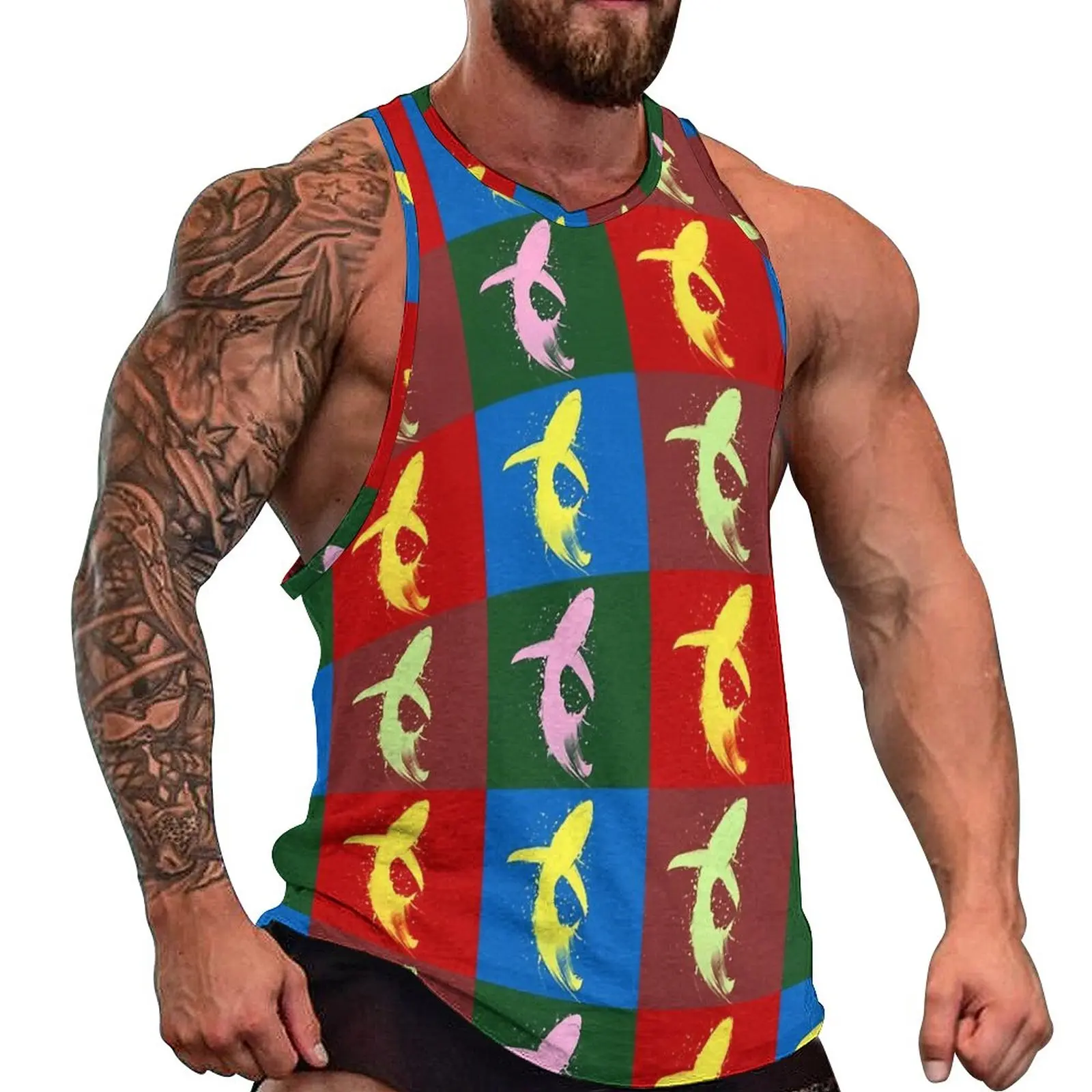 

Watercolor Shark Tank Top Pop Art Print Sportswear Tops Beach Bodybuilding Man Design Sleeveless Vests Large Size 4XL 5XL