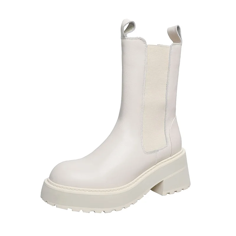 

Women Mid Calf Western Boots Autumn Winter Genuine Leather High Thick Heeled Shoes Elegant Lady Black Brown Beige Platform Boots