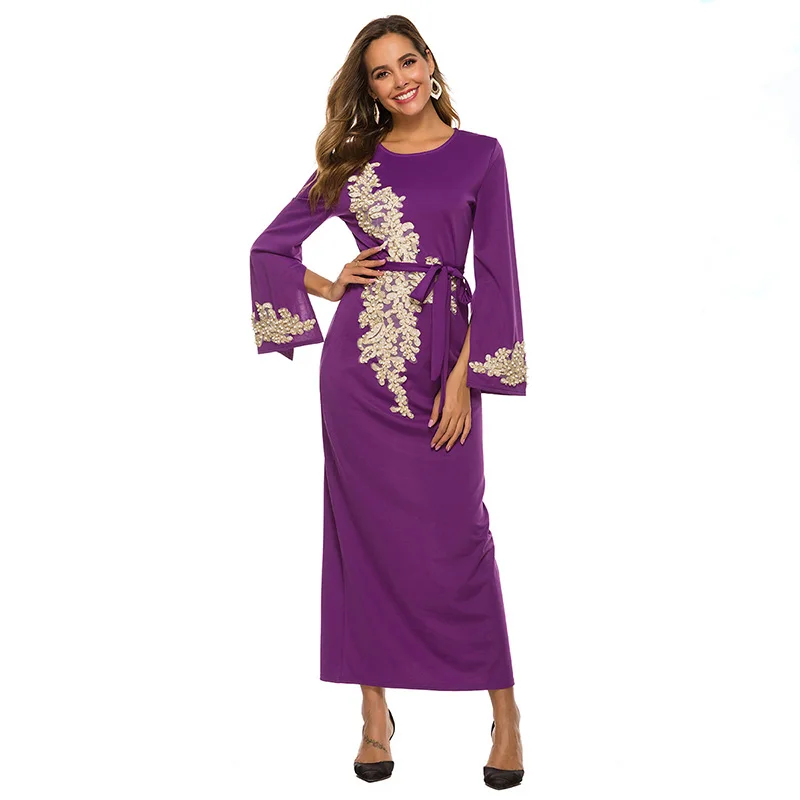 Robe Femme Musulmane Muslim Fashion Popular Fashion Elegant Embroidery Dress Lace Pin Bead Flared Sleeve Lace Long Dress Belt
