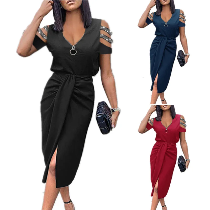 

2022 Summer New Women's Solid Zipper Long Dress Hollow out Pleated Short Sleeve V-Neck Dress