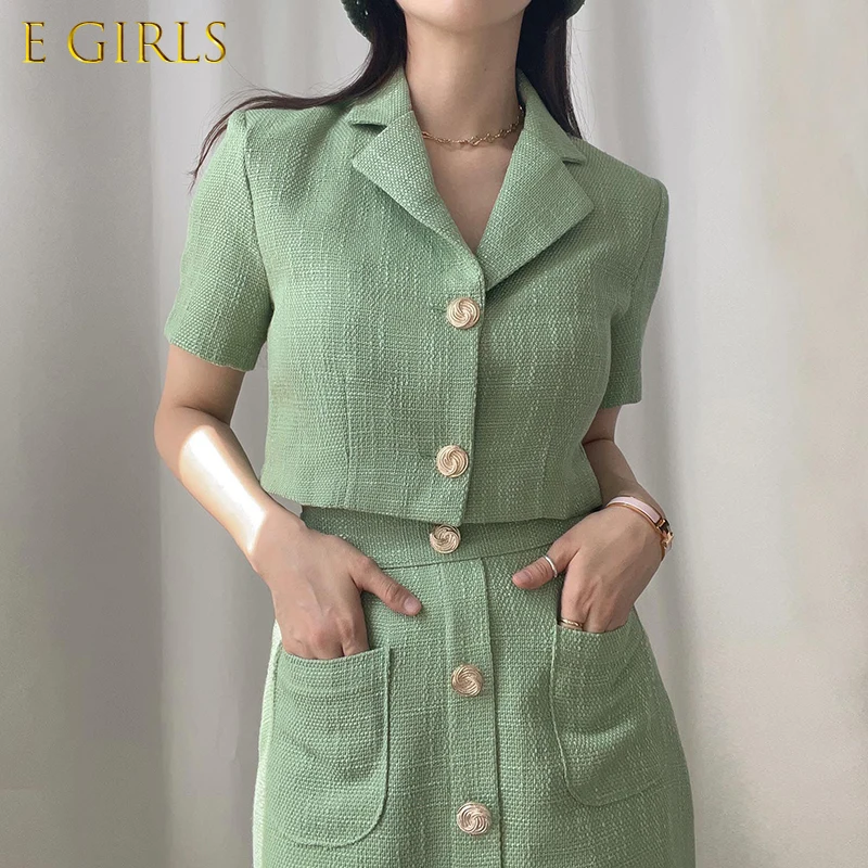 E GIRLS Women Sets 2021 Summer Ladies Korean Elegant Temperament Lapel Tweed Suit Jacket High Waist Chic Button A-Line Skirt