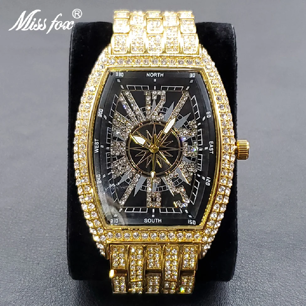 

New Luxury Men Crystal Watch Bling Iced-Out Tonneau Gold Black Watches Fashion Moissanite Quartz Analog Clock Best Sale Product