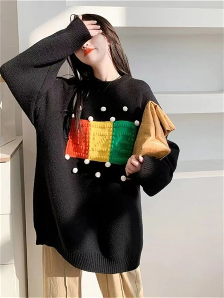 

Hsa Korean Fashion Women Winter Women Cothing Patchwork Ball Stitch Knitted Jumpers Letter Embroidery Sweater Top Knitted Jumper