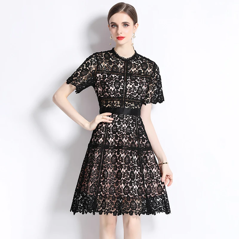 

Women's Short Sleeved Lace Dress, Vintage Party Dresses, Elegant Slim, Hollow Out, High-End, Summer Clothes, New, 2022
