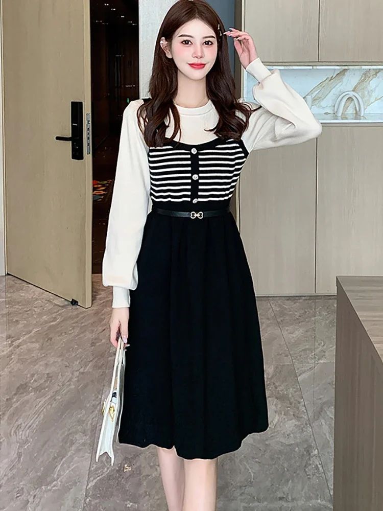 

Women Fashion Patchwork Knitted Striped Fake Two Piece Dress 2023 Korean Bodycon New in Dress Autumn Winter Elegant Casual Dress