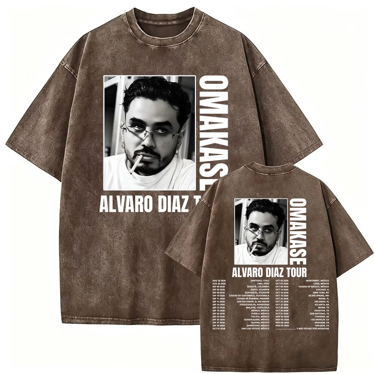 Фото Винтажная футболка с эффектом потертости Omakase Alvaro Diaz Tour Concert, мужская одежда, классические футболки в стиле Харадзюку, хлопковые повседневные футболки оверсайз. №5