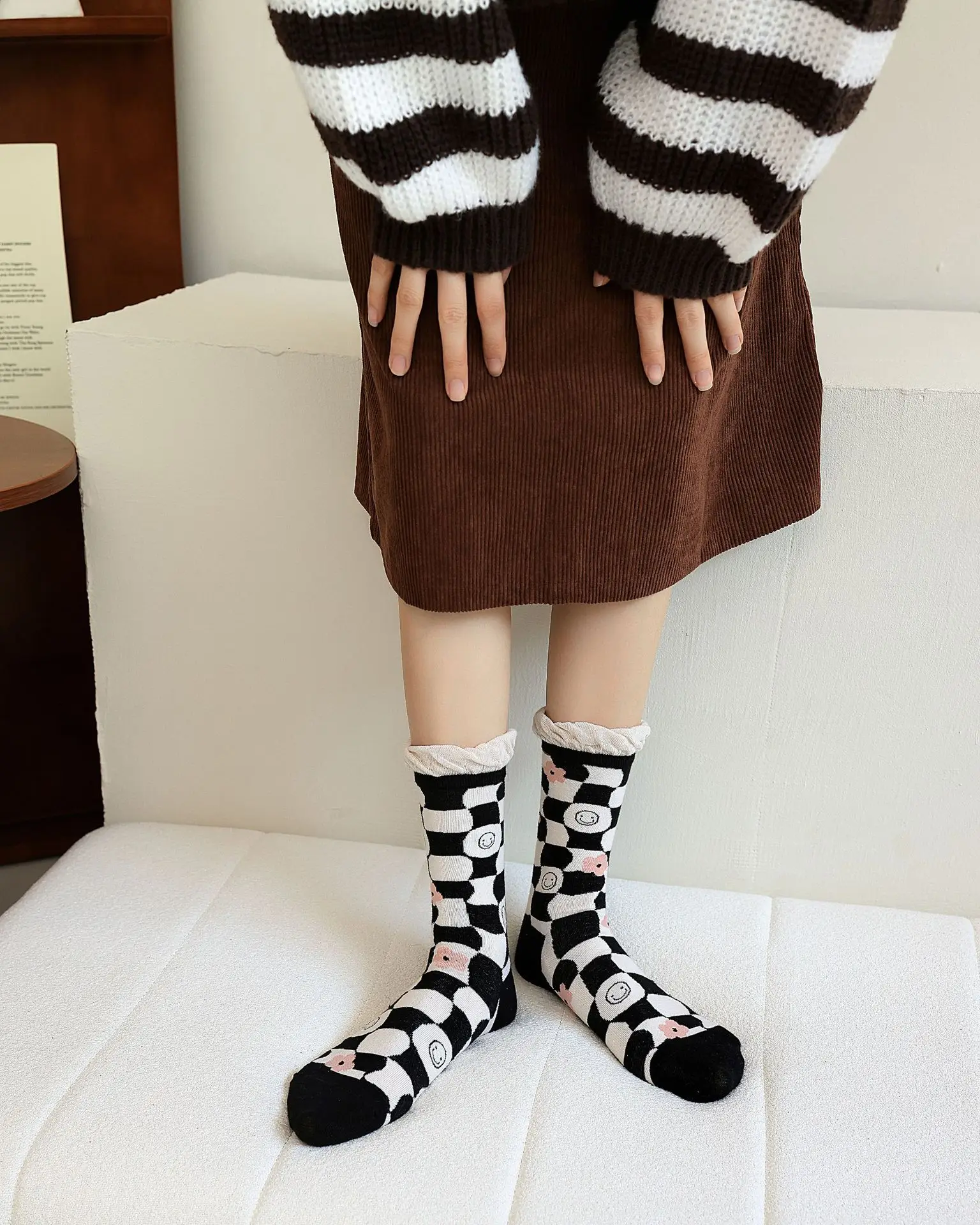 5 Pairs Cute Flowers Lolita Spring Summer Sweet Japanese Socks Set Black White Fried Dough Twists Bow Plaid Cotton Socks Women
