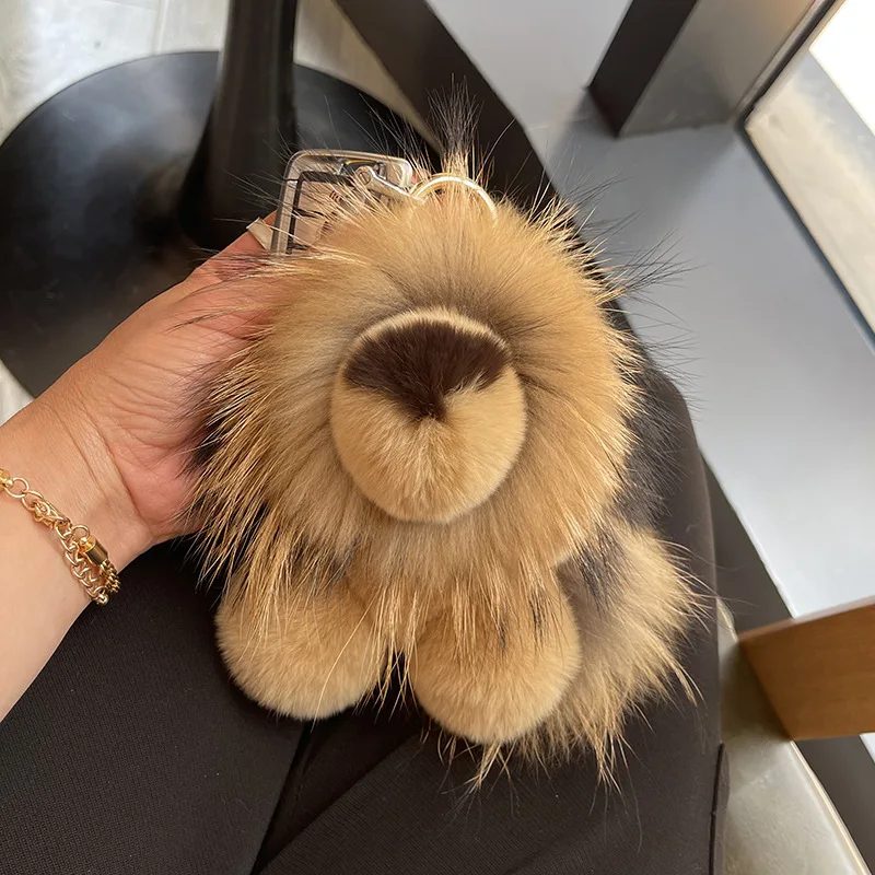 

Luxury Rabbit Fur Keychains Cute Animal Lion Keychain for Car Key Keyring Backpack Pendant Fluffy Plush Lion Key Chains Gift