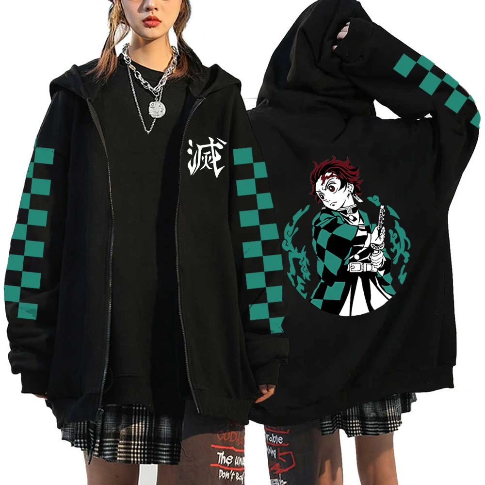Anime Demon Slayer Sweatshirts Kamado Tanjirou Print Hoodies Women Zip Up Y2K Jacket Streetwear Pullover Harajuku Casual Coats