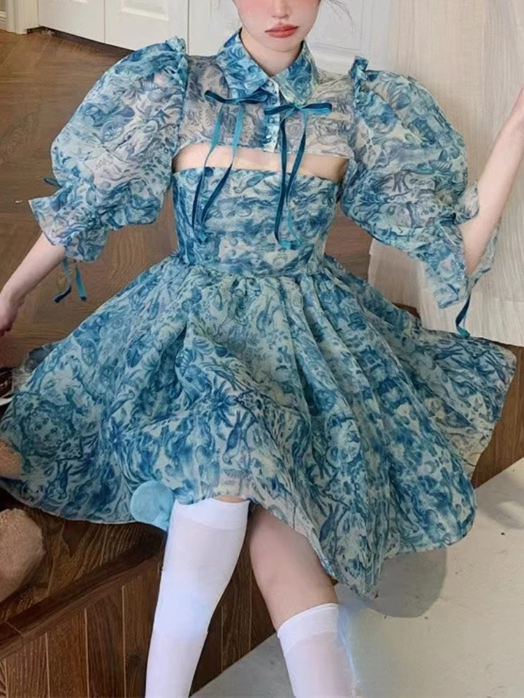 

2023 Autumn Vintage Kawaii 2 Piece Dress Set Women Evening Party Mini Dress + Casual Floral Short Sleeve Top Korean Fashion Chic