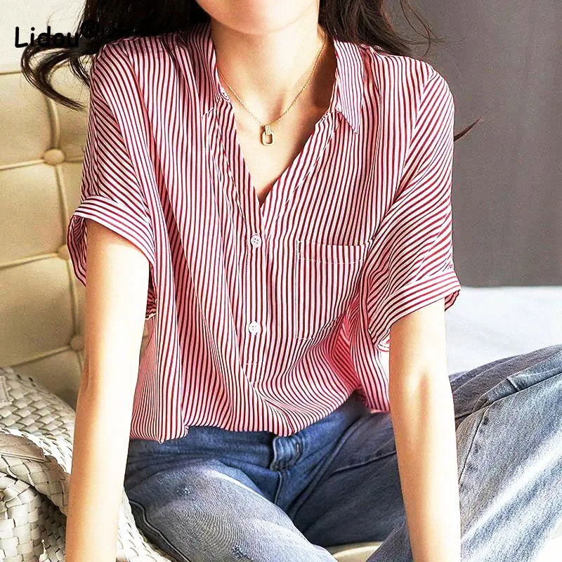 

Office Lady Casual Striped Printed Shirt Summer Lightly Cooked All-match V-Neck Single-breasted Blouse Fashion Women's Clothing