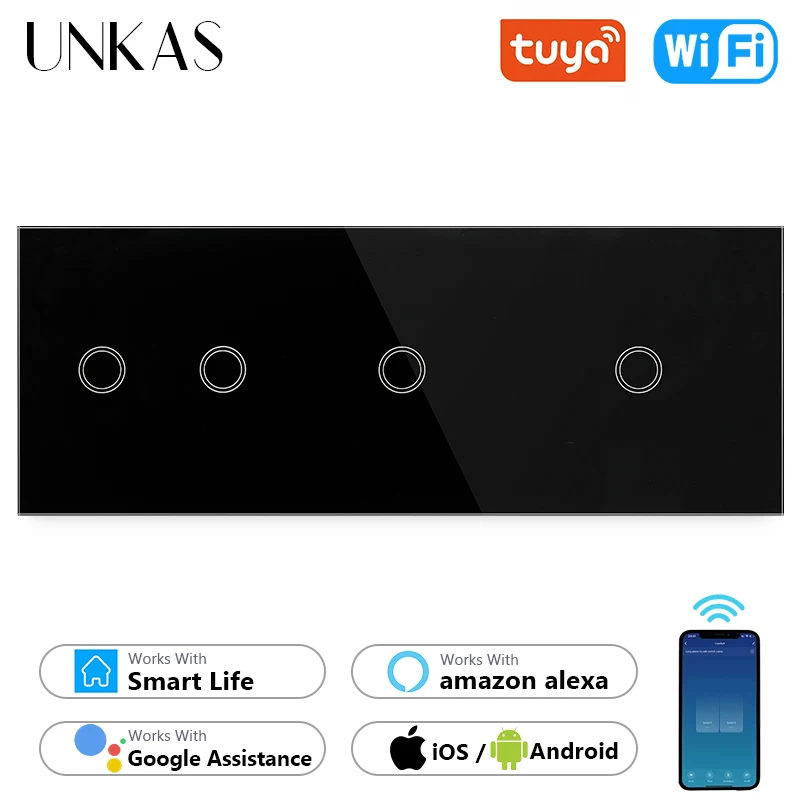 

UNKAS 4 Gang WiFi Touch On / Off Light Switch 2 + 1 + 1 White Black 228mm Class Panel Work For Tuya Alexa / Google Home Outlet