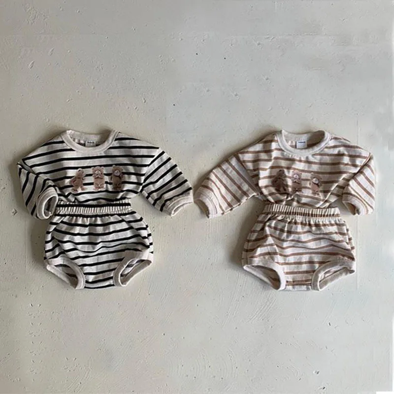 

Boy Casual Striped Long Sleeves Tops Baby Cute Cartoon Bears Pullover Tees And Thin Soft Cotton Bread Shorts Girl Homewear Set