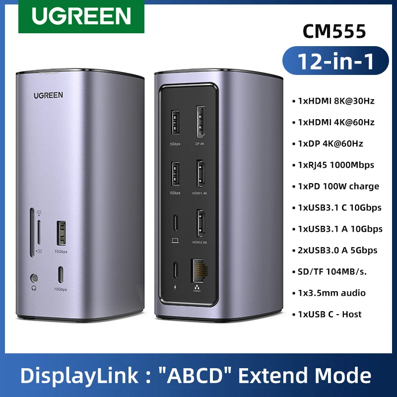 

Док-станция UGREEN 12 в 1, док-станция с USB C на 8K HDMI, для Mac OS M1, 10G, USB 3,1, с тремя дисплеями ABCD, RJ45, PD100W