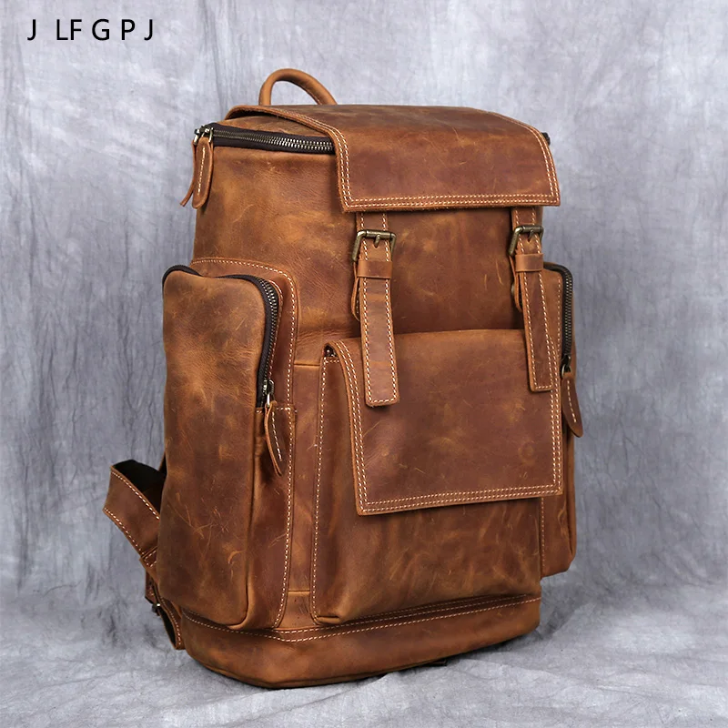 Retro Leather Backpack Men Crazy Horse Leather Large Capacity Multifunctional Outdoor Travel Backpack