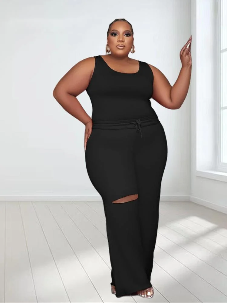 Plus Size Two Piece Set Women Summer Solid Shirts Vest Pants Holes Pockets Fashion Matching Suit Track 3xl 4xl 5xl 6xl