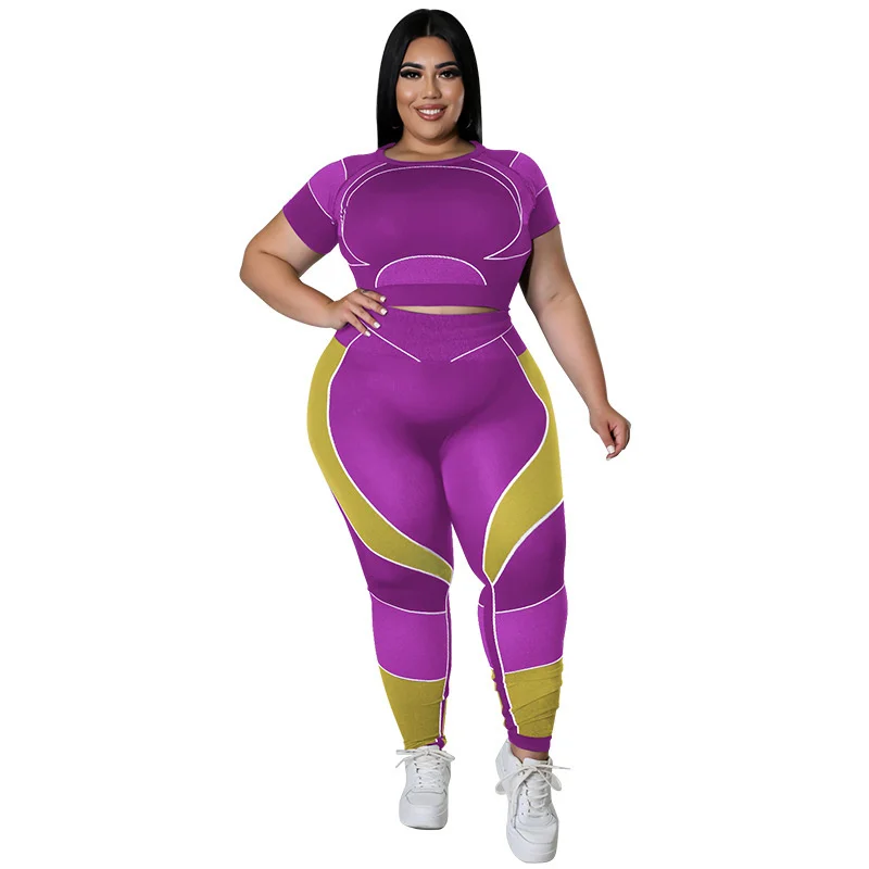 Plus Size Sets Women's Clothes Tracksuit Short Top and Pant Two Piece Sets Gym Joggers New Sports Outfits High Elastic Yoga Set