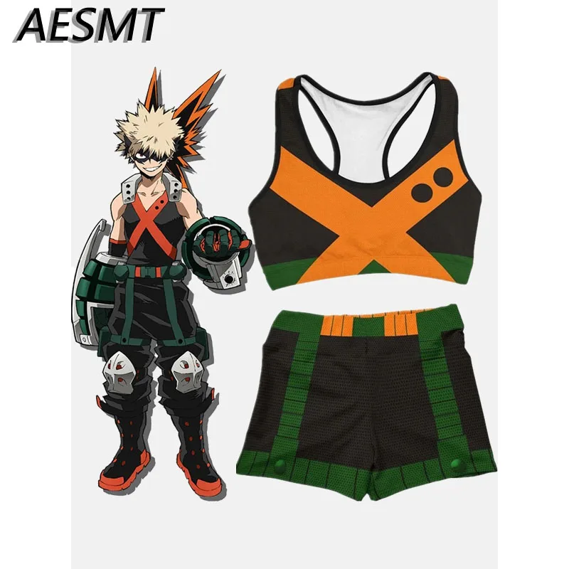 Anime My Hero Academia Cosplay Bakugou Katsuki Tank Top Shorts Women Sexy Gym Yoga Uniform Tracksuit Fitness Cosplay Costume