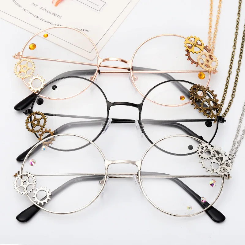 

Round Steampunk Glasses Vintage Gothic Lolita Gears Chain Decorative Women's Eyeglasses with Frame Prescription Glasses Men