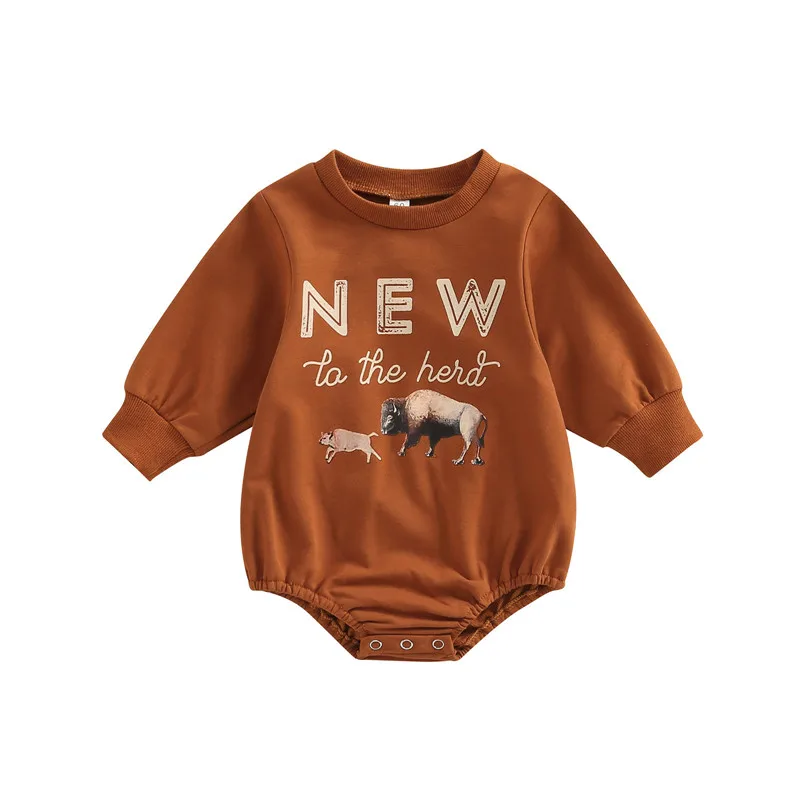 

Newborn Baby Boys Girls Romper 0-18 Month Long Sleeve Letter & Cattle Round Neck Bodysuits Infants Snap Crotch Triangle Shorts