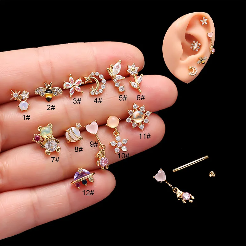 

1PC Bee Flower Cz Ear Studs Cartilage Earring for Women Stainless Steel Zircon Small Stud Earring Ear Piercing Jewelry Gifts