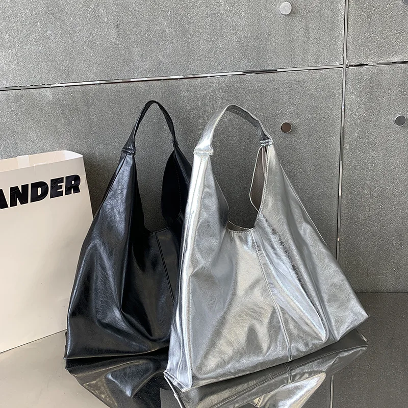 

Large Capacity Soft Pu Leather Tote Bag Designer Women's Solid Color Shoulder Bag New High Quality Silver Armpit Bag Purse Sac