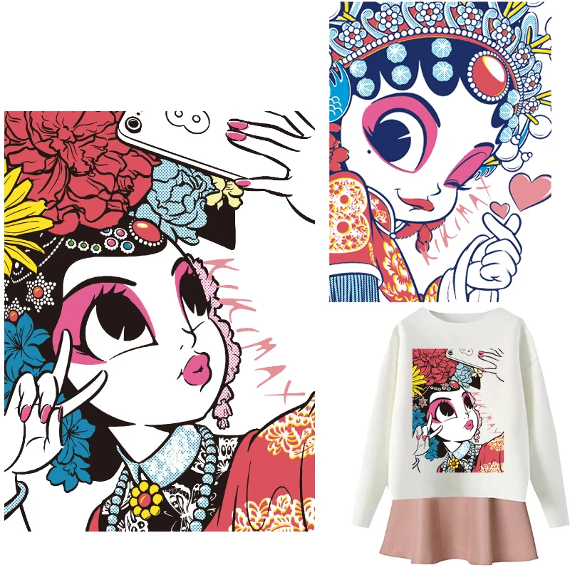

Diy Peking Opera Applique Cute Girl Patches Art Thermal Stickers on Clothes Iron-on Transfers for Clothing Thermoadhesive Patch