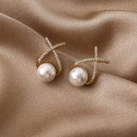 gold color imitation pearl geometric stud earring for women trendy girls party jewelry fashion cute drop bead earrings