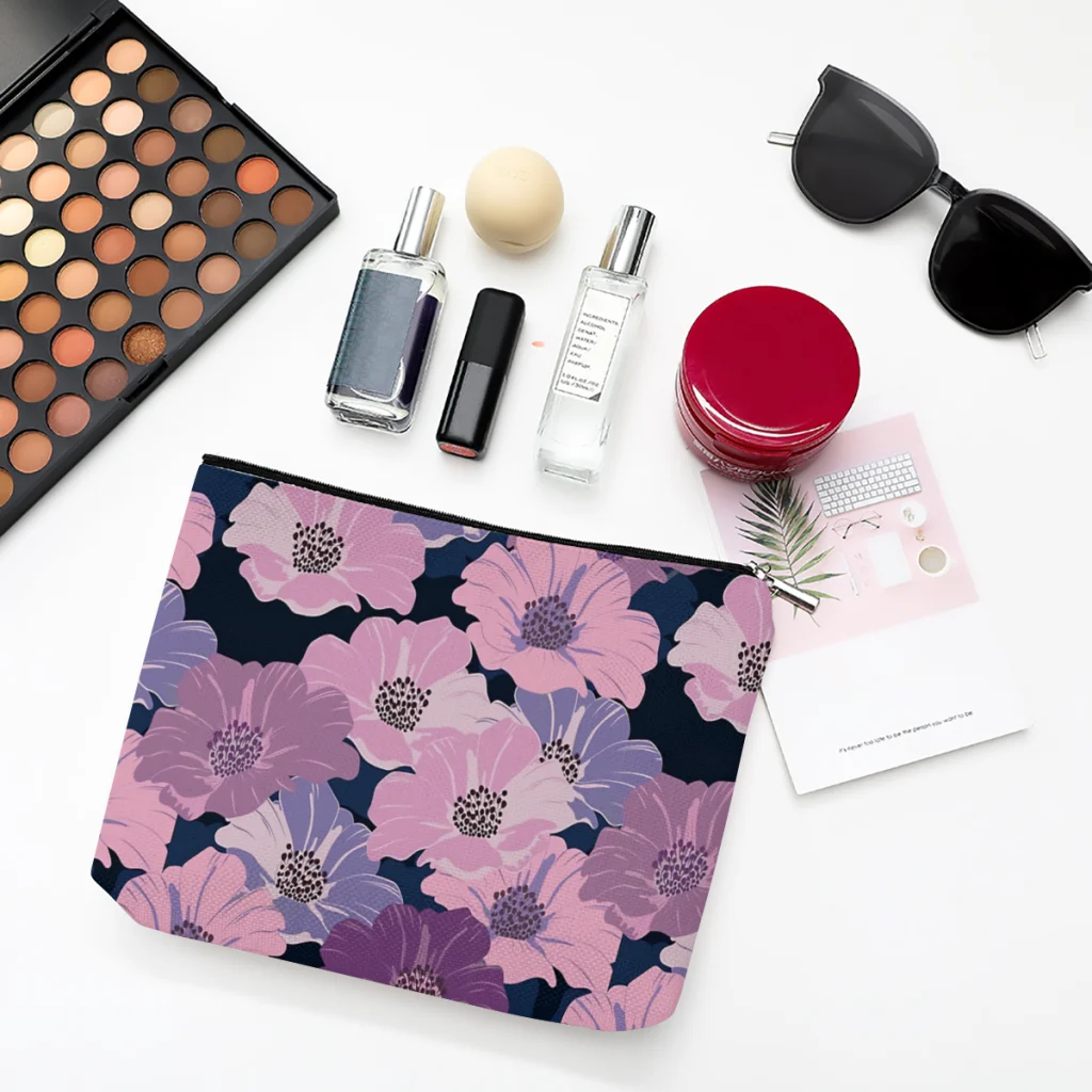 

Purple Linen Women Cosmetic Bag Pattern Design Makeup Pouch Lady Tote Purse Zipper Clutch Phone Purse