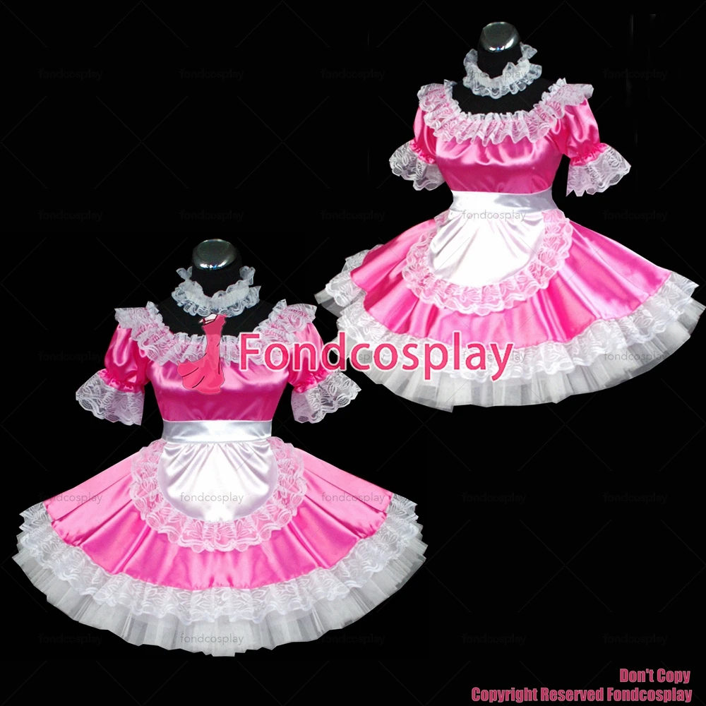 

Одежда для взрослых fondcosplay, сексуальная, с перекрестными элементами, короткое, розовое атласное платье, Униформа, белый фартук, костюм CD/TV[G469]