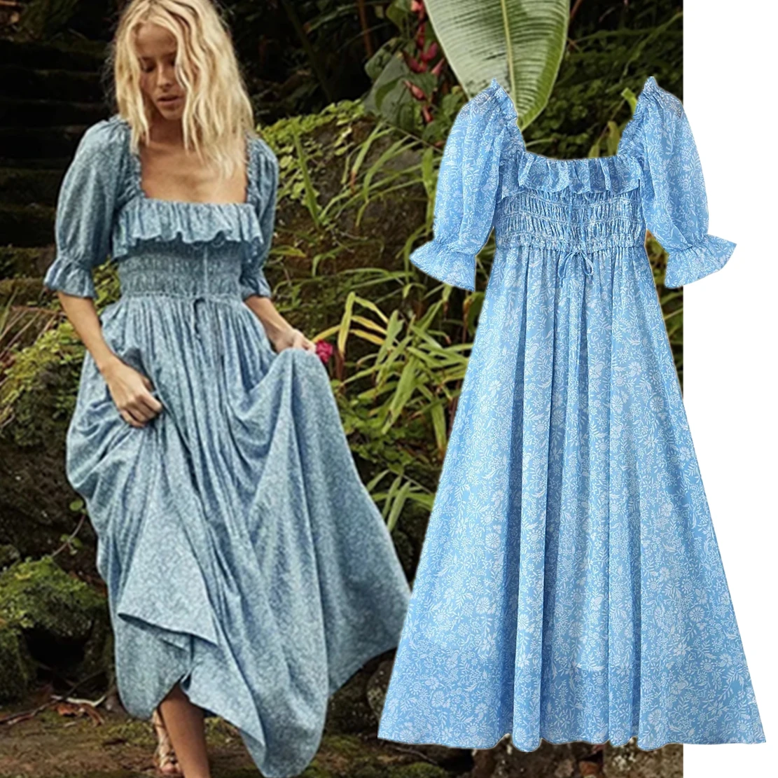 

Maxdutti Indie Folk Bohemian Style Vintage Square Collar Ruffles Cascading Floral Print Maxi Dress Women Beach Dress