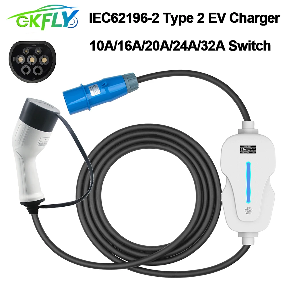 

32A 7KW 1-фазный EVSE IEC62196-2 Тип 2 EV зарядное устройство IP66 водонепроницаемый зарядный кабель для электромобиля OLED экран вилка CEE 3 pin