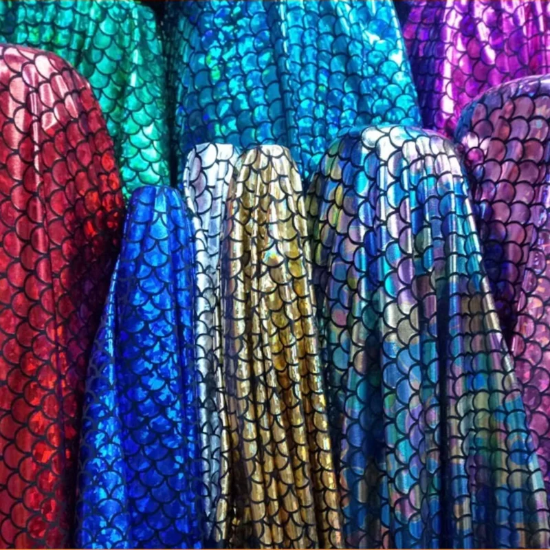 3/5/10м Блестящая голографическая эластичная ткань из спандекса с принтом рыбьей чешуи для детских леггинсов, косплея и купальника на метр в продаже.