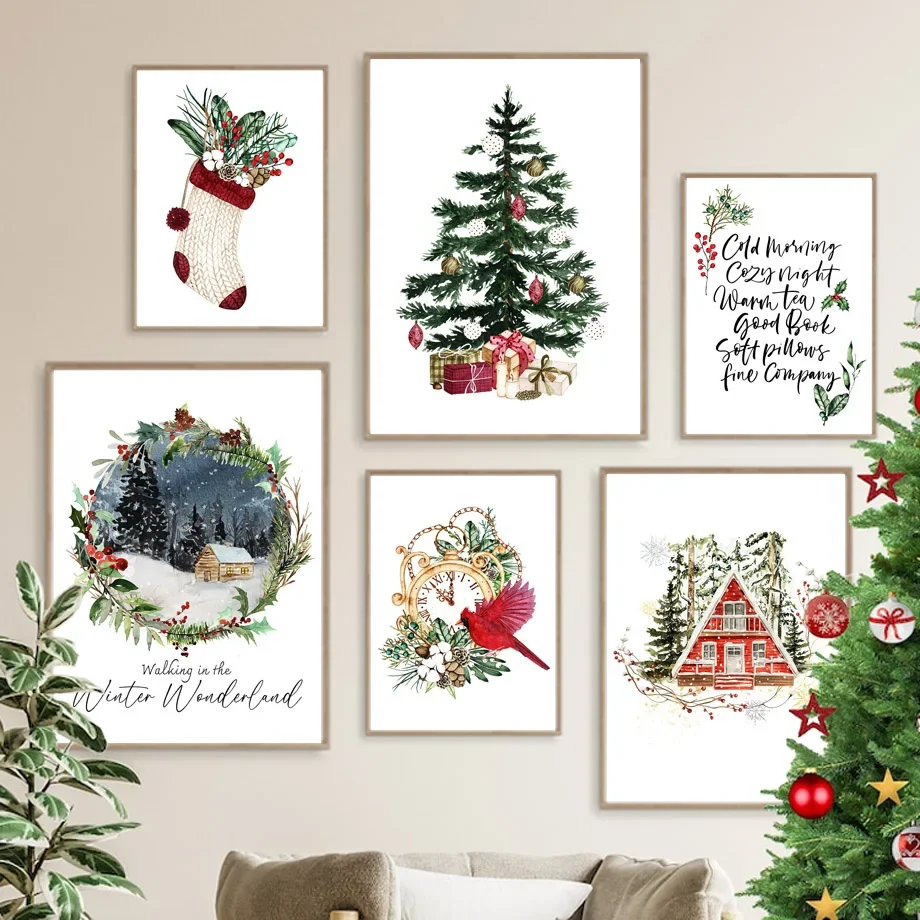 Рождественская тема сосна Цветок Птица Красный Дом снег настенное искусство