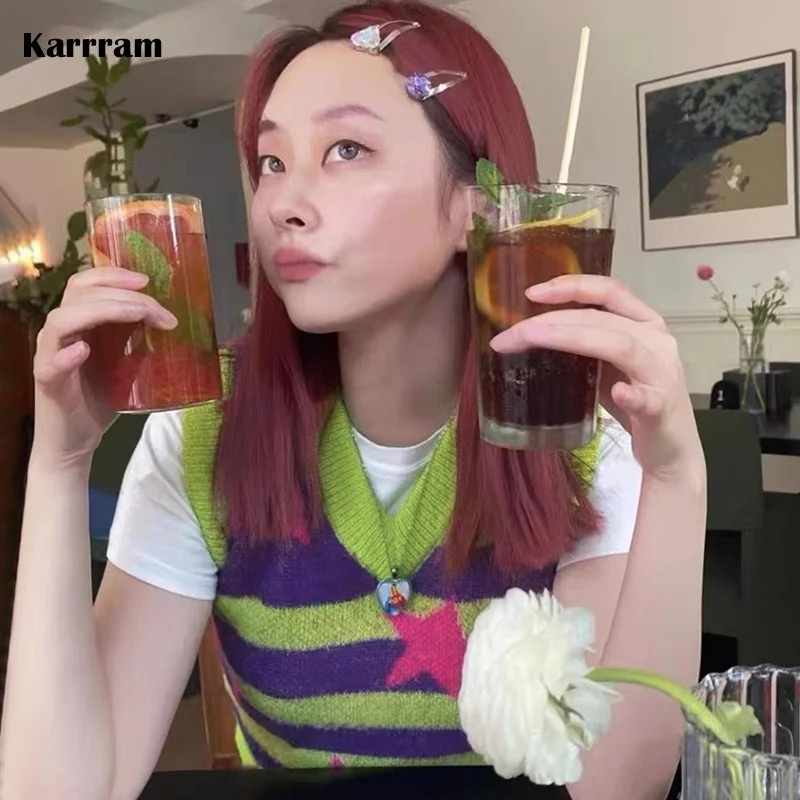 

Y2k Aesthetics Knitted Vest 2000s Harajuku Grunge Sweater Vest Korean Fashion E-girl Kawaii V-neck Jumper Fairycore Tops