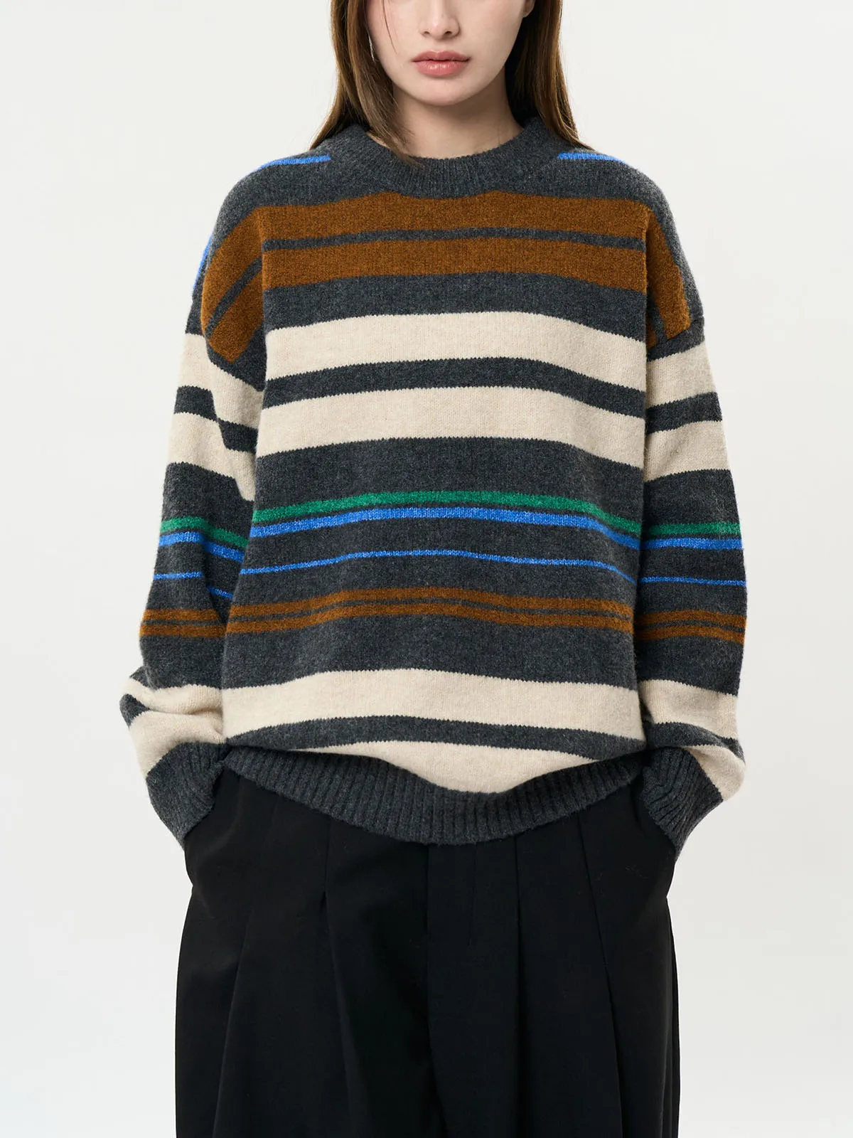 Винтажный свитер большого размера в полоску с круглым вырезом джемпер пуловер