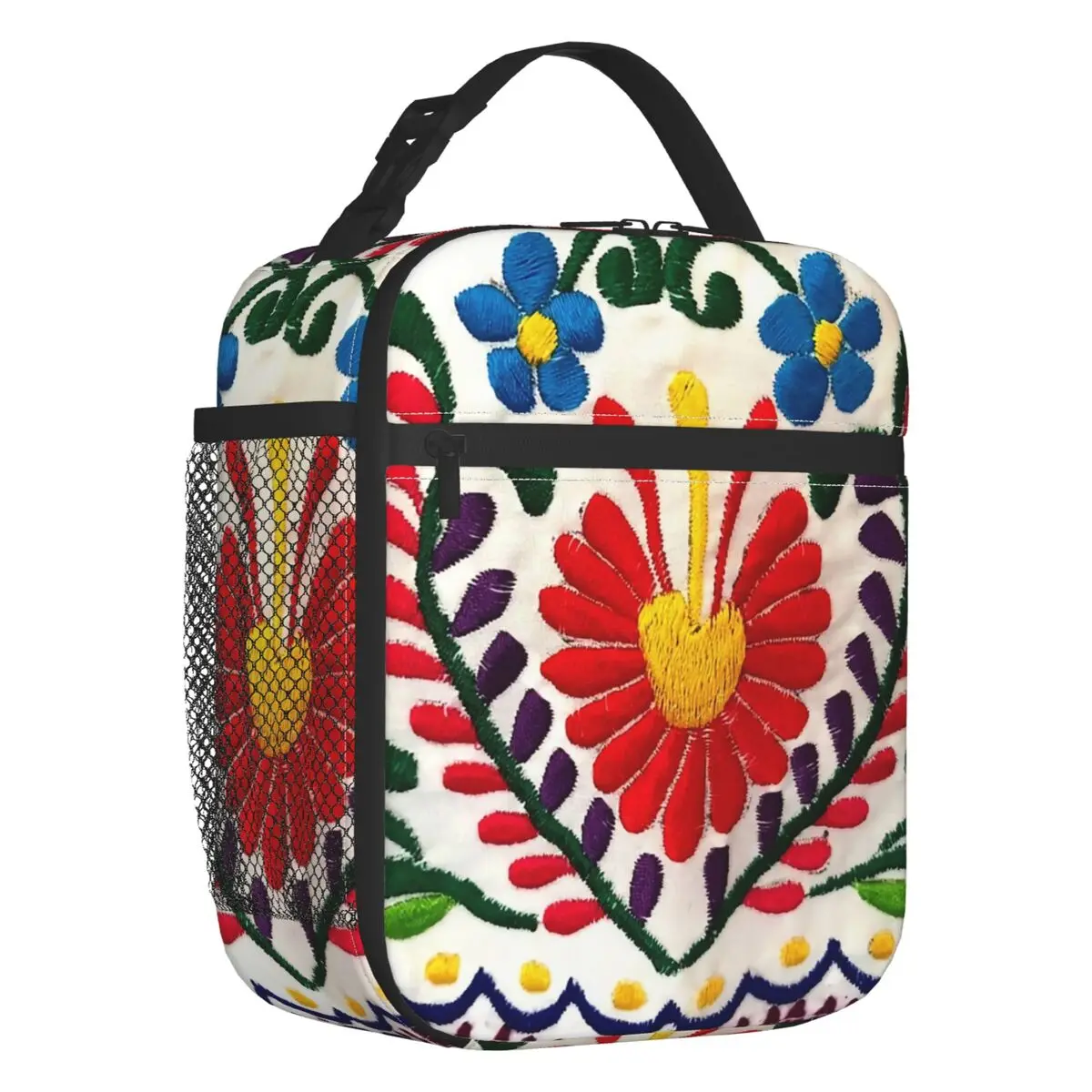 Mexican Flowers 3D Print Embroidery Pattern Portable Lunch Boxes Waterproof Thermal Cooler Food Insulated Lunch Bag Office Work
