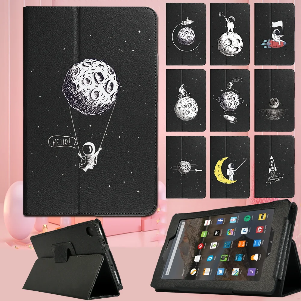 

Folio Tablet Case for Fire HD 8/HD 10/Fire 7 Dust-proof Astronaut Pattern Protective Shell Back Support PU Leather Stand Cover