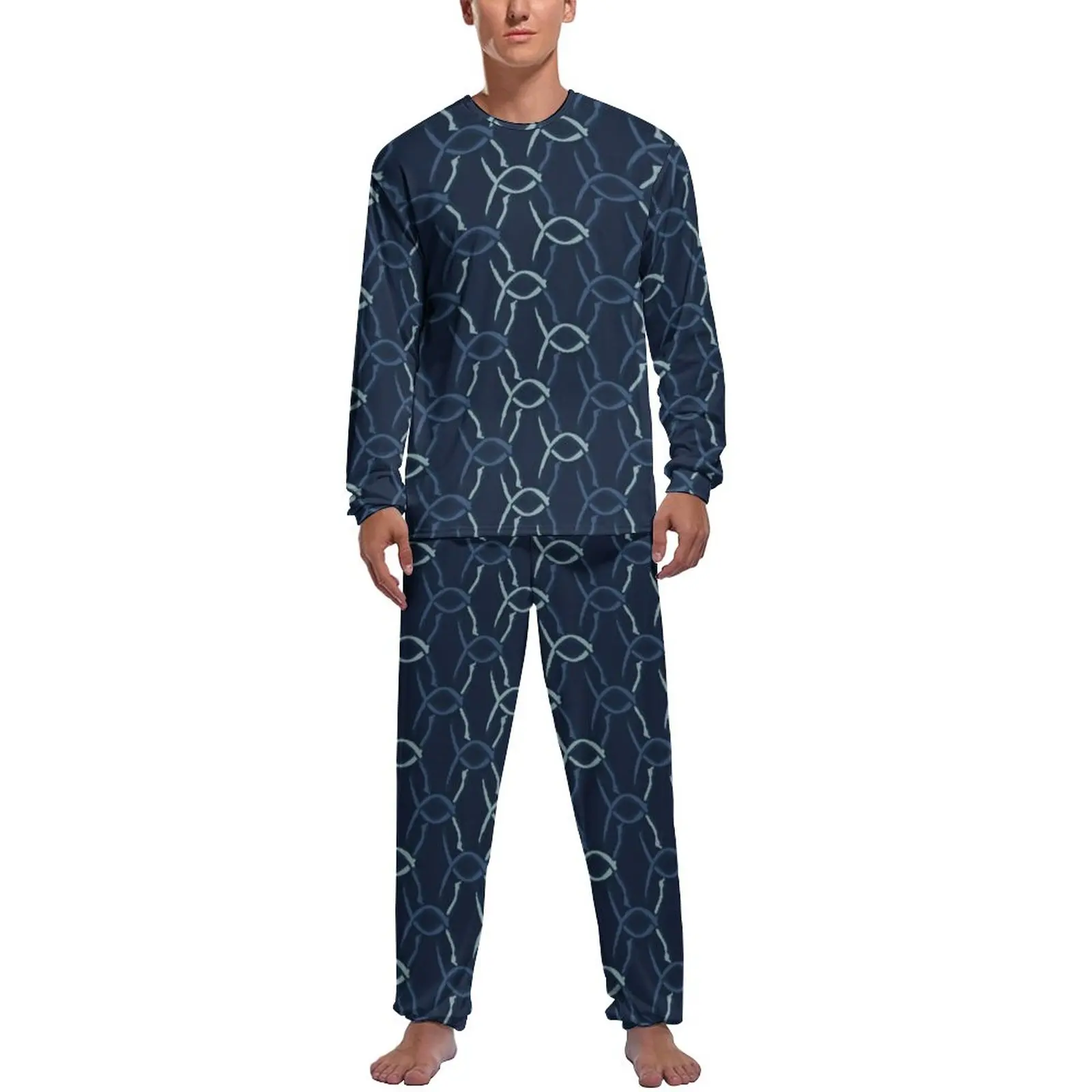 Chain Print Pajamas Autumn Indigo Blue Net Bedroom Sleepwear Men 2 Pieces Graphic Long Sleeves Cool Pajamas Set