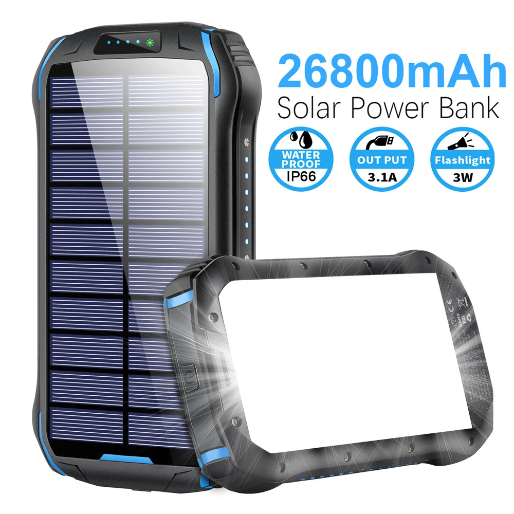 

26800mAh Portable Wireless Solar Power Bank Outdoor IP66 Waterproof Dustproof and Drop-proof Power Bank with Camping Light