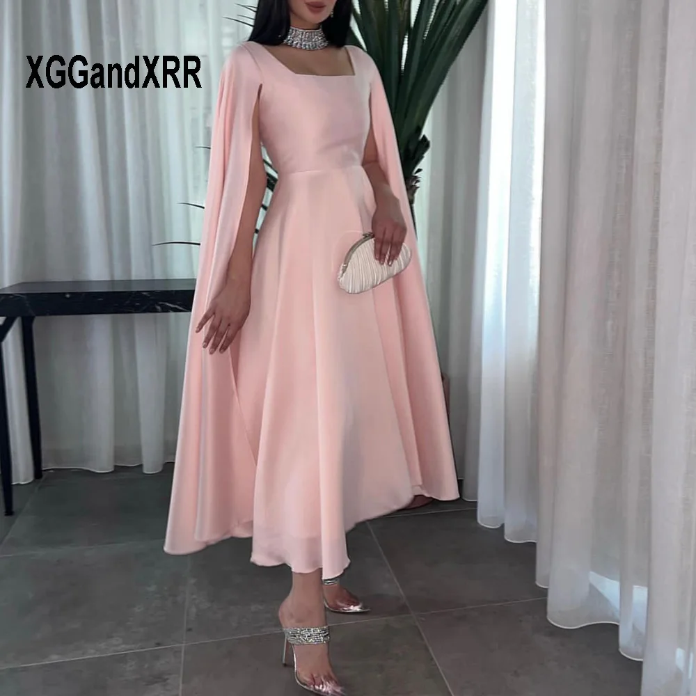 

Elegant A Line Long Pink Prom Dresses 2023 Arab Style Ankle Length Evening Gown Cape Women Birthday Party Pageant Custom Made
