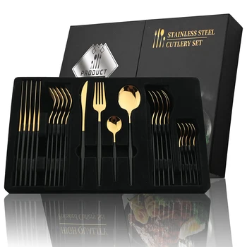 24Pcs Black Handle Golden Cutlery Set 1