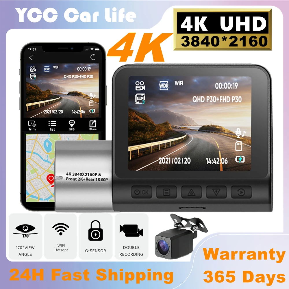 2160P 4K Dual Dash Camera 2.0 Inch LCD WiFi Car DVR 24H Parking Support GPS Track Rear Cam 170 FOV Night Vision Auto Recorder