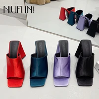 niufuni square toe triangle heel silk solid color womens slippers high heels summer fashion simple womens shoes slip on slides